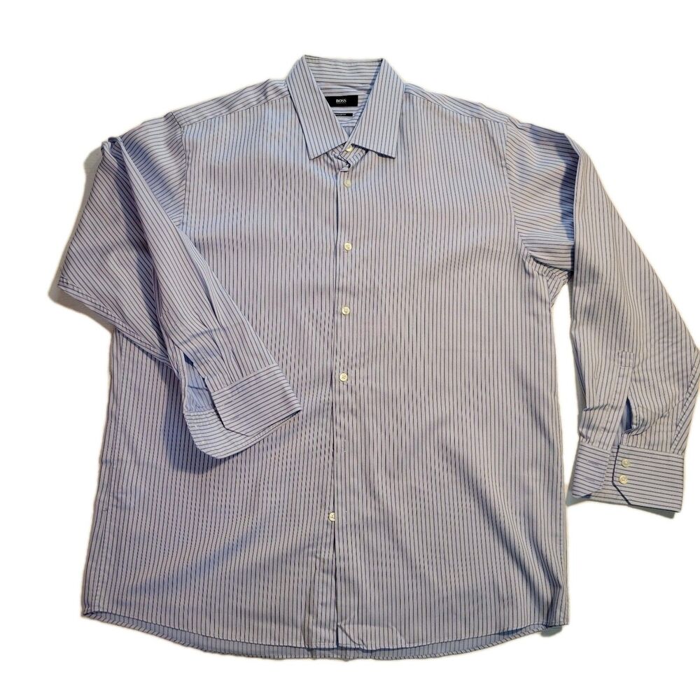 Hugo Boss Men's Shirt Blue Striped Button Up 17 34/35 Regular Long Sleeve
